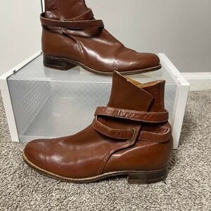 Brown Frye-inspired leather ankle boots with buckle